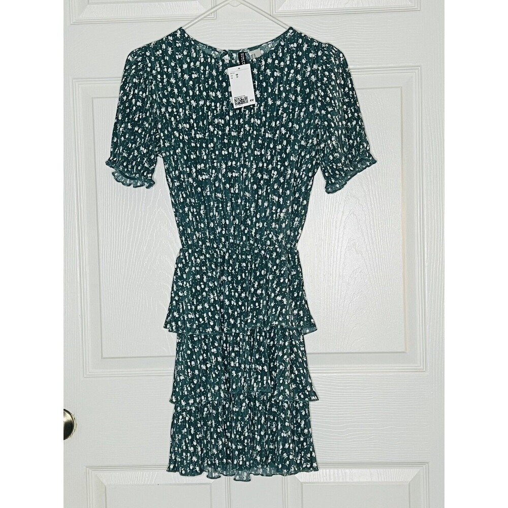 Divided By H&M Womens A Line Dress Green Floral Tired Layer Keyhole XS New
